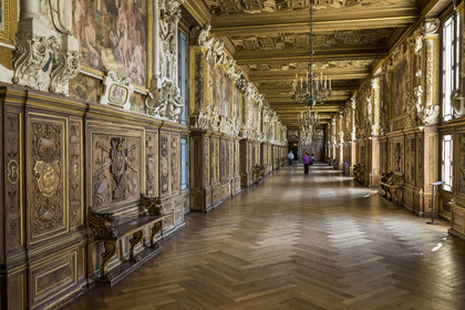 France, Seine-et-Marne (77), Fontainebleau, chateau de Fontainebleau, classé Patrimoine Mondial par l'UNESCO, la Galerie François 1er construite entre 1528 et 1530, décoré avec des peintures, des lambris, des fresques et des stucs, des boiseries en noyer sculpté et un plafond à caissons