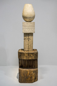 France, Paris, Les Halles district, the Pompidou Center also called Beaubourg, National Museum of Modern Art (MNAM), Brancusi retrospective exhibition, Torso of a young girl I, 1922 on Model of the lintel of the Porte du Baiser and Base in natural wood