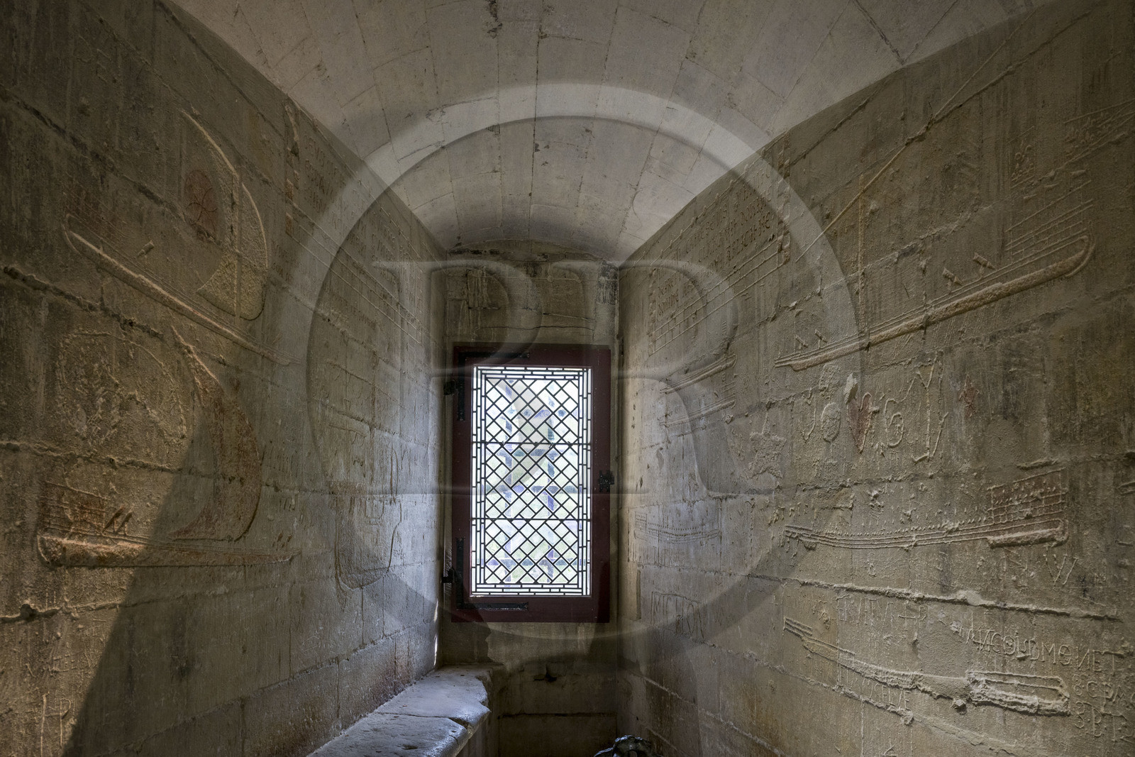 France, Bouches-du-Rhône (13), Tarascon, le chateau du roi René datant du XVe siècle, graffiti et ex-voto du prisonnier catalan, gravés par un prisonnier de René Ier vers 1480, dont des navires longs, galères de marchandises, brigantins, galiotes, galères de combats ou fustes mais aussi des navires ronds, cocas catalanes, nefs ibériques et caraques provençales, qui rappellent les caravelles utilisées par Christophe Colomb France, Bouches-du-Rhône (13), Tarascon, le chateau du roi René datant du XVe siècle, graffiti et ex-voto du prisonnier catalan, gravés par un prisonnier de René Ier vers 1480, dont des navires longs, galères de marchandises, brigantins, galiotes, galères de combats ou fustes mais aussi des navires ronds, cocas catalanes, nefs ibériques et caraques provençales, qui rappellent les caravelles utilisées par Christophe Colomb
