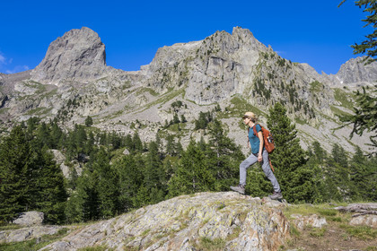 France, Alpes-Maritimes, Parc National du Mercantour (Mercantour national park), Haute Vesubie, Saint Martin Vesubie, Val du Haut Boréon, hiker at the Lac des Sagnes towards the Cougourde refuge, the border summit of Cougourde (2892m) in the background