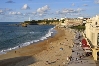 France, Pyrenees Atlantiques, Basque Country, Biarritz, the Grande Plage (town's largest beach), the casino, the Hotel du Palais and the lighthouse