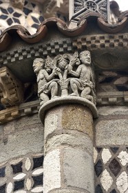 France, Puy de Dome, Clermont Ferrand, Notre-Dame-du-Port basilica in Auvergne Romanesque style, listed as a UNESCO World Heritage Site under the Routes of Saint-Jacques-de-Compostelle in France, apse of the church, capital representing Adam and Eve