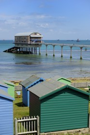 United Kingdom, England, Hampshire, Isle of Wight, Bembridge and its Life Boat Station behind the beach huts