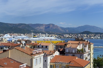 France, Corse du Sud, Ajaccio, buildings in the city center and ferry boats at dock