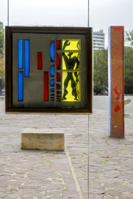 France, Bouches du Rhone, Marseille, architectural work of Le Corbusier, listed as World heritage by UNESCO, the Cité Radieuse by the architect Le Corbusier, the Modulor on a concrete and glass stained glass window placed in the hall at the entrance to the Housing Unit based on an original drawing by Le Corbusier