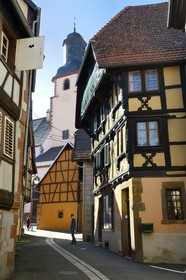 France, Bas Rhin, Bouxwiller, the old streets dating from the Middle Ages and the Lutheran Church