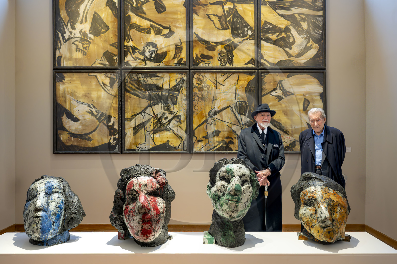 France, Paris, Musée Maillol art museum, German painter and sculptor Markus Lüpertz during his exhibition in dialogue with the work of Aristide Maillol, his gallerist Michael Werner on his right, painted bronzes and mixed media on paper