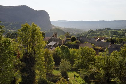 France, Cantal, step on the Way of St. James to Santiago de Compostela by Via Arverna, the village of Neussargues-Moissac and the Rocher de Laval