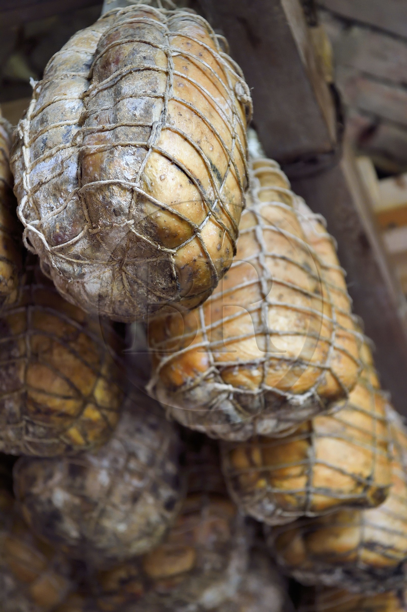 Italie, Emilie-Romagne, Polesine Zibello aux environs de Parme, Antica Corte Pallavicina, culatello, traditionnel jambon de Parme