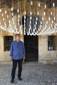 France, Alpes-Maritimes, Saint Paul de Vence, Olivier Kaeppelin President of the International Biennale of Saint-Paul de Vence, Le Reve des Neiges Eternelles (The Dream of Eternal Snows) (2021) work by Stephane Guiran