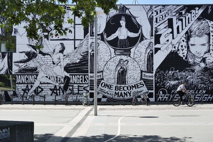 France, Bas Rhin, Strasbourg, Museum of Modern and Contemporary Art of Strasbourg (MAMCS) by architect Adrien Fainsilber, fresco created by the New York collective FAILE, a work entitled From the air we share