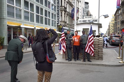 Germany, Berlin, Kreutzberger district, Checkpoint Charlie, a former crossing point between east and west at the time of the wall