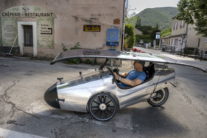 France, Drome, regional natural park of Baronnies provencales, Montbrun les Bains, labeled the Most Beautiful Villages of France, 3 wheel solar bike