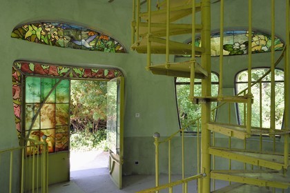 France, Meurthe-et-Moselle, Nancy, Ecole de Nancy Museum in the former estate of Eugene Corbin, stained glass windows door of the aquarium pavilion (1904) by Jacques Gruber