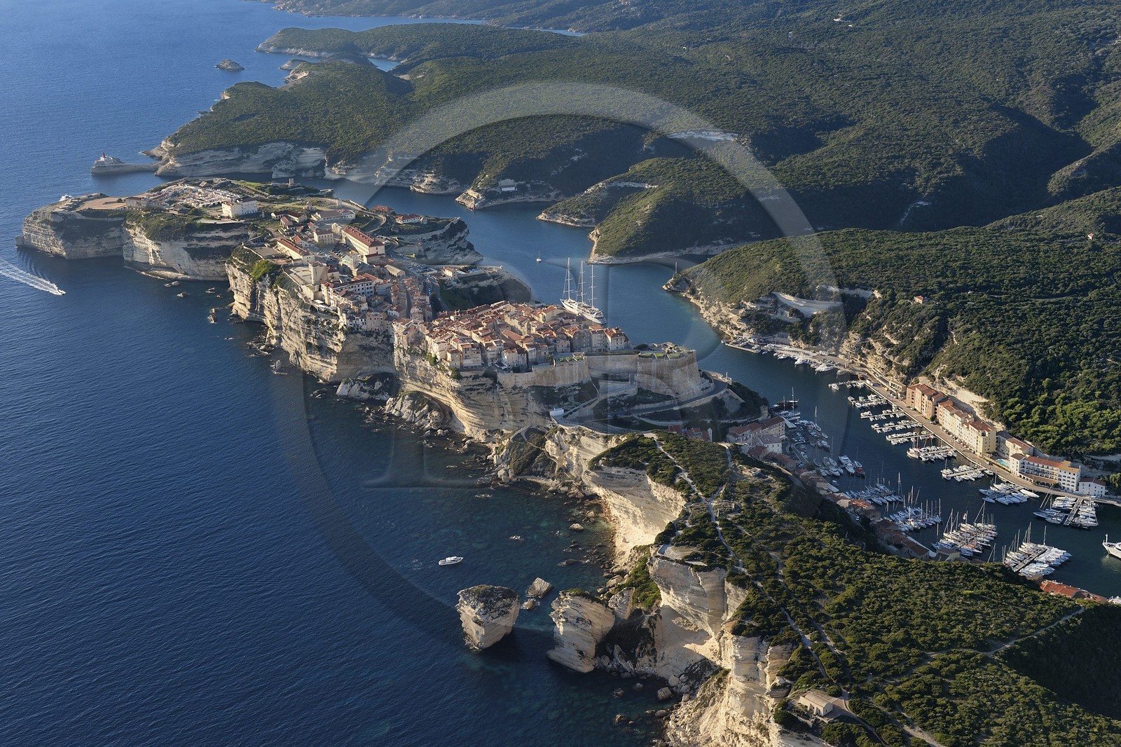France, Corse-du-Sud (2A), Bonifacio, les falaises calcaires, la citadelle et la vieille ville, le rocher appelé Grain de Sable au premier plan (vue aérienne)