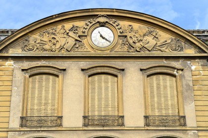France, Moselle, Fensch Valley, Hayange, former major administrative offices Wendel, central pediment, low relief evoking the steel epic in Lorraine