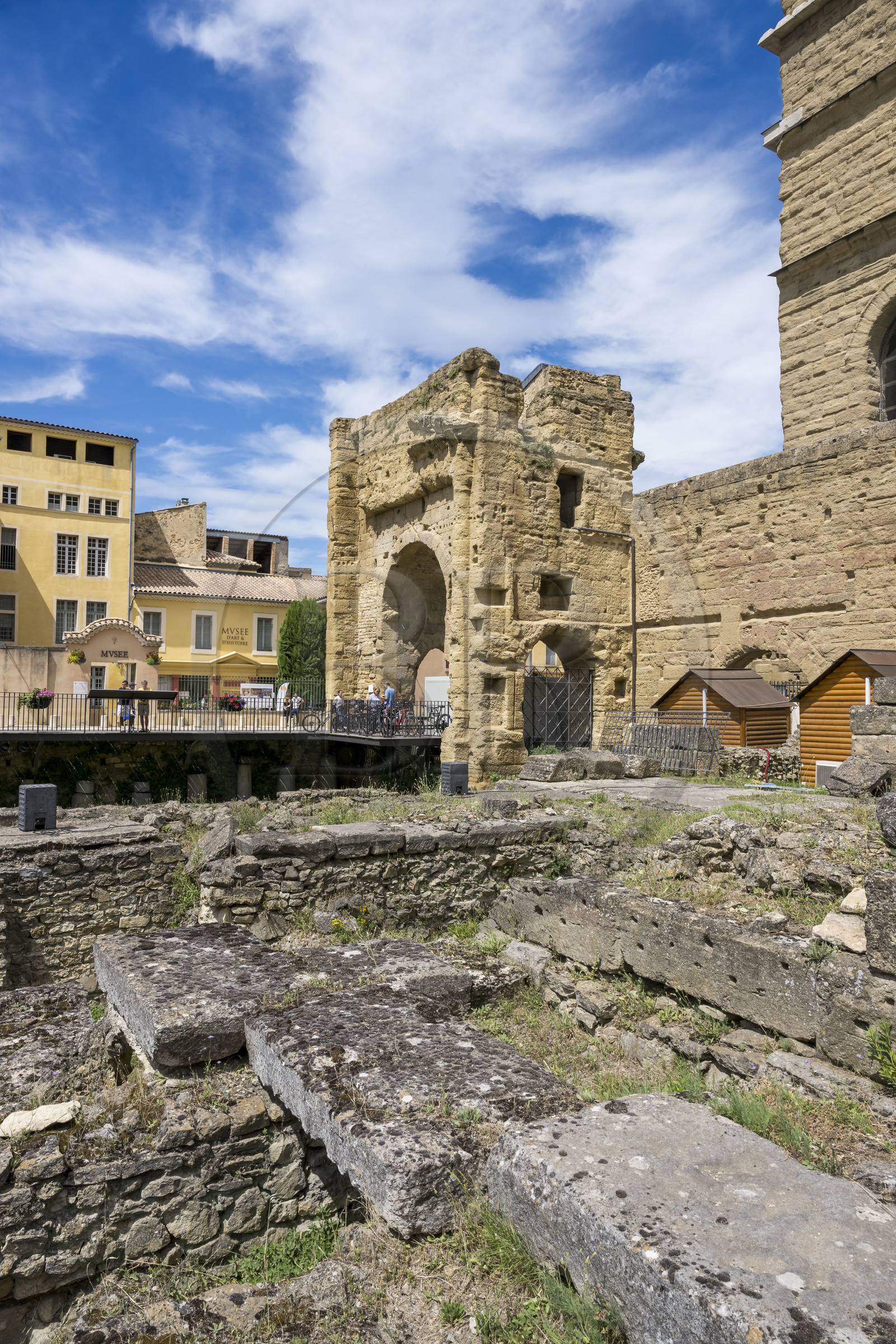 France, Vaucluse, Orange, location of the Forum on the edge of the theater and remains of the imperial temple of the Capitoline triad at the foot of the Saint-Eutrope hill, listed as World heritage by UNESCO