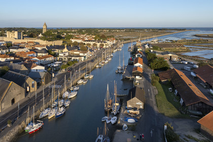 France, Vendée (85), Ile de Noirmoutier, Noirmoutier-en-l'Ile, port d'échouage dans l'Etier du Moulin, le château médiéval et l'église Saint-Philbert en arrière plan (vue aérienne)