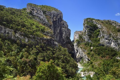 France, Alpes-de-Haute-Provence (04), Parc Naturel Régional du Verdon, Rougon, Grand Canyon du Verdon, la rivière du Verdon dans le couloir Samson et le début du sentier Blanc-Martel sur le GR4