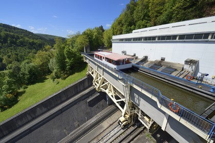 France, Moselle, the Saint-Louis-Arzviller inclined plane is part of the Marne-Rhine Canal (Canal de la Marne au Rhin) and enables the canal to cross the Vosges Mountains, it replaces 17 locks