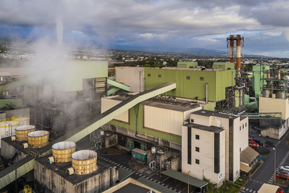 France, Reunion island (French overseas department), Saint-Louis, Gol-Albioma power plant which produces electricity from sugar cane residues during the sugar campaign of the adjoining Gol sugar factory (aerial view)