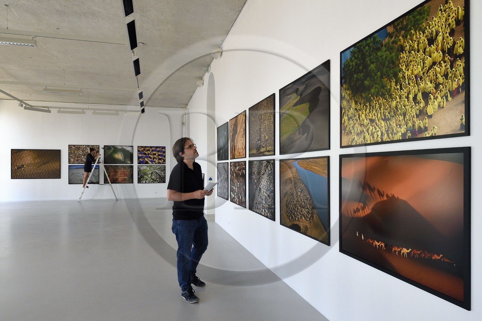 France, Var (83), la rade de Toulon, La Seyne-sur-Mer, quartier de Tamaris, la villa Tamaris, centre d’art consacré à l’exposition de l’art contemporain, le directeur artistique Cyril Bruneau installe l'exposition de photographies Legacy de Yann Arthus-Bertrand