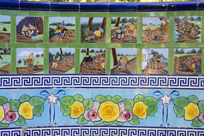 France, Alpes-Maritimes, Menton, Fontana Rosa Garden, Cervantes rotunda, ceramic tiles decorated benches depicting Don Quixote's adventures