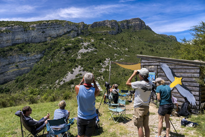 France, Drome, regional natural park of Baronnies provencales, Villeperdrix, Vautours en Baronnies association, observation of griffon vultures with a telescope