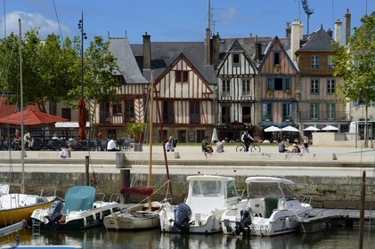 France, Morbihan, Gulf of Morbihan (Golfe du Morbihan), Vannes, Eric Tabarly's dock on the marina and half timbered houses in the background