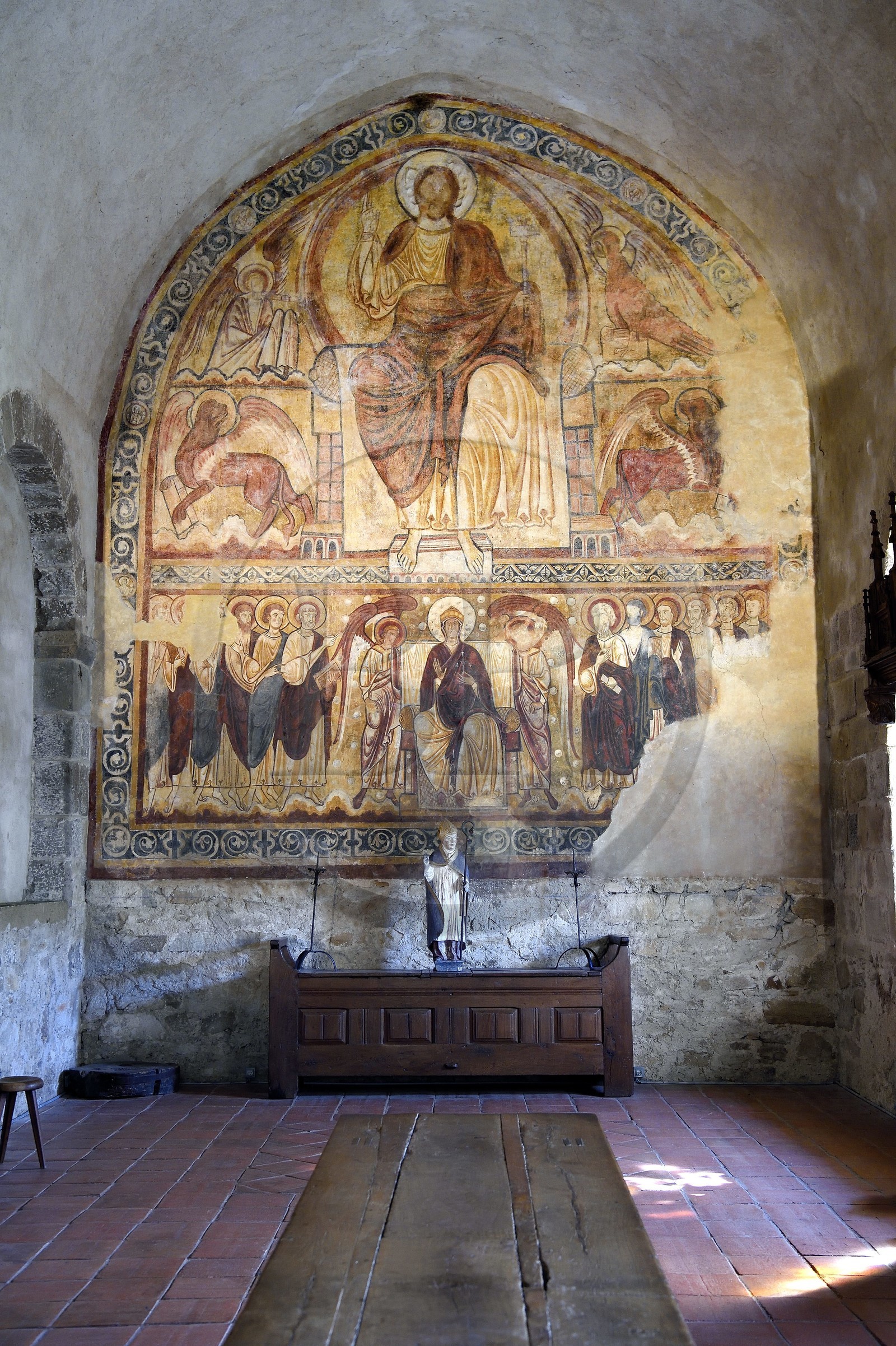 France, Haute Loire, Lavaudieu, labelled Les Plus Beaux Villages de France (The Most Beautiful Villages of France), the former Saint Andre (St Andrew) abbey in Auvergne Romanesque style, fresco from the 12th century in the refectory depicting Christ in Majesty above the Virgin surrounded by the apostles