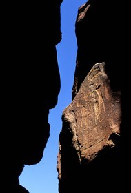 Jordan, Wadi Rum, drawings engraved in the Sîq of Jebel Khazali