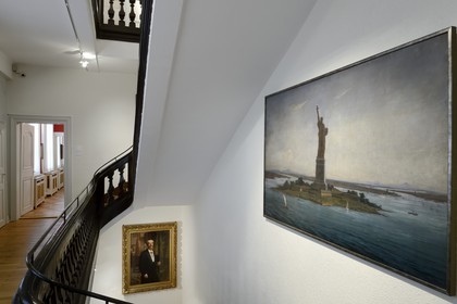 France, Haut Rhin, Colmar, Museum and birth house of Bartholdi, portrait of Bartholdi in the background