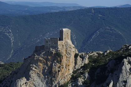 France, Aude, Cathar castle of Queribus (aerial view)