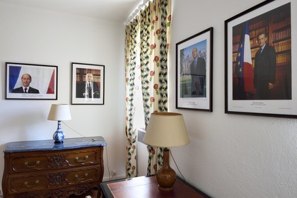 France, Var, Bormes les Mimosas, Brégancon Fort, official residence of the President of the Republic, aide de camp room with portraits of the french republic Presidents