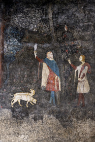 France, Vaucluse, Avignon, Palais des Papes (Palace of the Popes) classified as UNESCO World Heritage, Wardrobe Tower, the Deer's Room, the studium or study of Clement VI, which evokes in an uninterrupted panorama the lordly pleasures including various hunting and fishing techniques, hunting with falcon