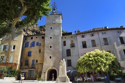 France, Var, Provence Verte, Cotignac, Place de la Mairie and the Clock tower