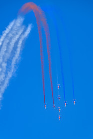 France, Bouches du Rhone, Salon de Provence, air base 701, base of the Patrouille de France (PAF for Patrouille acrobatique de France) of the French Air and Space Force, Alphajet planes fly in a cross formation performing a loop