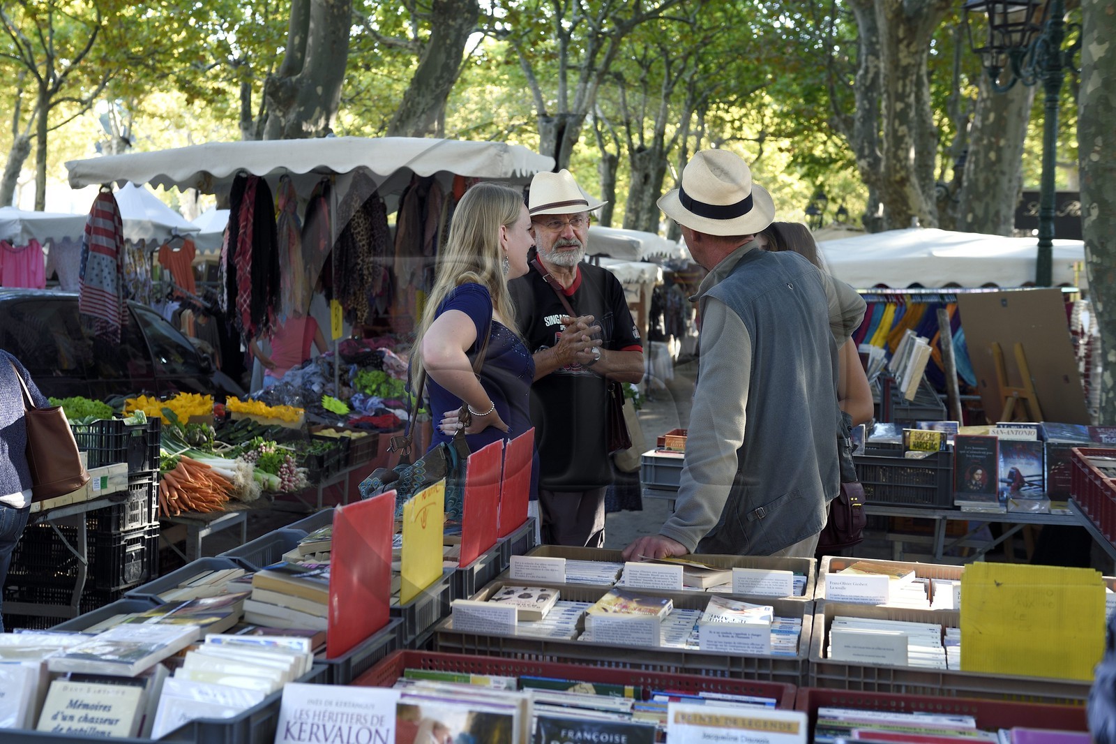 France, Var (83), Saint-Tropez, place des Lices, terrasse de cafés et étals de produits artisanaux à l'occasion du marché hebdomadaire le samedi matin