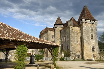 France, Dordogne, Périgord Vert, Saint Jean de Cole, labelled Les Plus Beaux Villages de France (The Most Beautiful Villages of France), Marthonye or Marthonie castle and the covered market