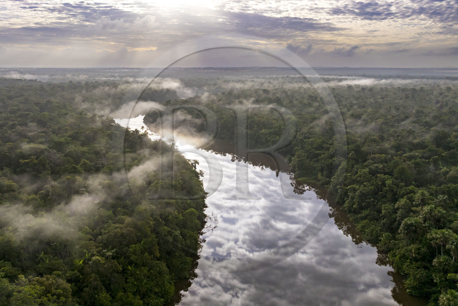 France, Guyane, Kourou, Camp Maripas, le fleuve Kourou traversant la forêt tropicale (vue aérienne)