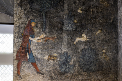 France, Vaucluse, Avignon, Palais des Papes (Palace of the Popes) classified as UNESCO World Heritage, Wardrobe Tower, the Deer's Room, the studium or study of Clement VI, which evokes in an uninterrupted panorama the lordly pleasures including various hunting and fishing techniques, hunting with a ferret