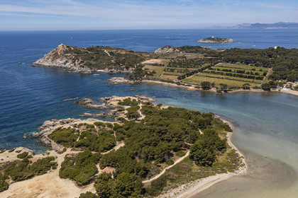 France, Var, Six Fours les Plages, Grand Gaou island in the foreground, the Strait of Grand Gaou and Ile des Embiez then Grand Rouveau island in the background (aerial view)
