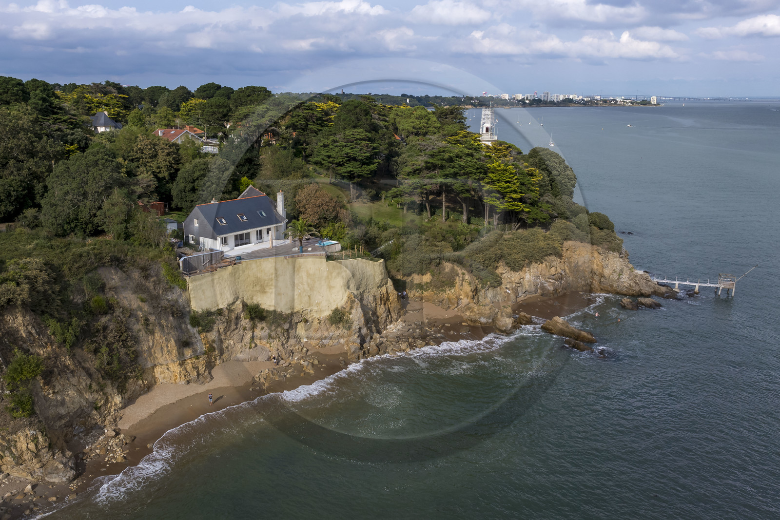 France, Loire Atlantique, Estuaire de la Loire, Saint Nazaire, Pointe de l'Eve, Aiguillon lighthouse (aerial view)