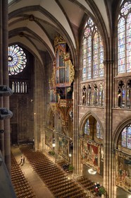 France, Bas Rhin, Strasbourg, old town listed as World Heritage by UNESCO, Notre Dame Cathedral, the great organ and the big Rose Window of the western facade, the Scenes from the Life of the Virgin made at the request of Richelieu are a series of fourteen tapestries hung in the nave during the Advent period