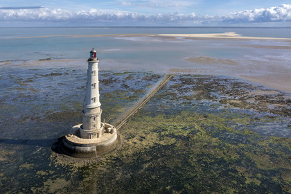 France, Gironde, Verdon sur Mer, rocky plateau of Cordouan at low tide, lighthouse of Cordouan, listed as World Heritage by UNESCO (aerial view)
