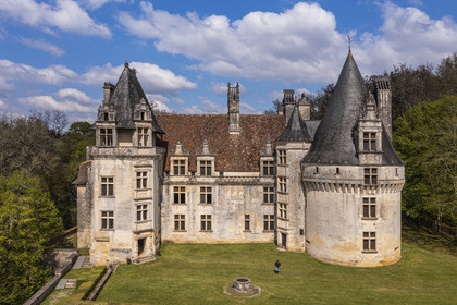 France, Dordogne, Perigord Vert, Villars, Renaissance style Puyguilhem castle (aerial view)
