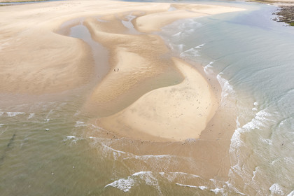 France, Vendée (85), Talmont-Saint-Hilaire, la Pointe du Payré, promeneurs et mouettes sur la plage du Veillon et estuaire de la rivière Payré (vue aérienne)