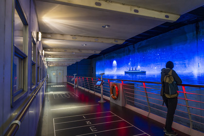 France, Loire Atlantique, Saint Nazaire, Escal'Atlantic in the former German submarine base brings the world of transatlantics back to life, the promenade bridge