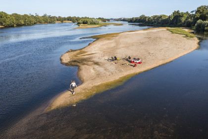 France, Maine-et-Loire, Loire valley listed as World Heritage by UNESCO, cycling along the banks of the Loire, camping for the night on one of the sandbanks forming islands on the Loire (aerial view)