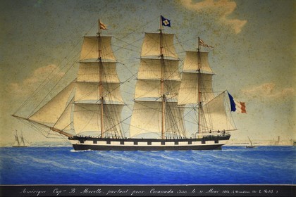 France, Var (83), Saint-Tropez, citadelle du XVIe siècle, musée d'Histoire maritime tropézienne, peinture du trois-mats Amérique commandé par le capitaine au long cours Morello au XIXème siècle
